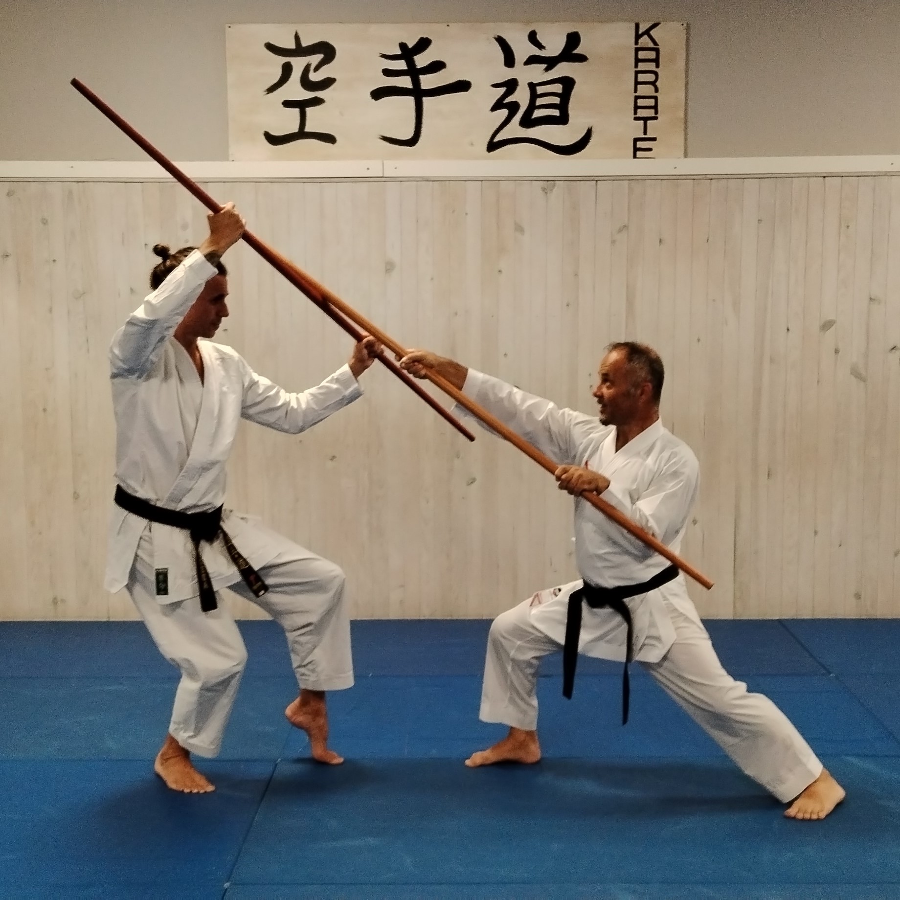 Imagen de Holistic Palma mostrando el arte marcial del Karate con armas también llamado KOBUDO en este caso un ataque de bo defendido por una tonfa mientras la otra contra ataca